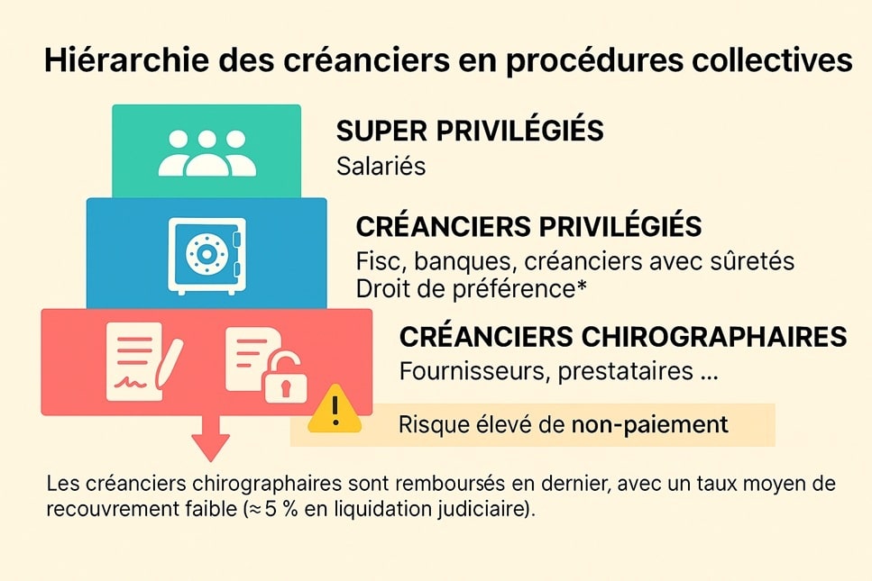 Le créancier chirographaire est en dernière position dans la hiérarchie des créanciers dans le cadre d'une procédure collective : redressement judiciaire ou liquidation judiciaire.