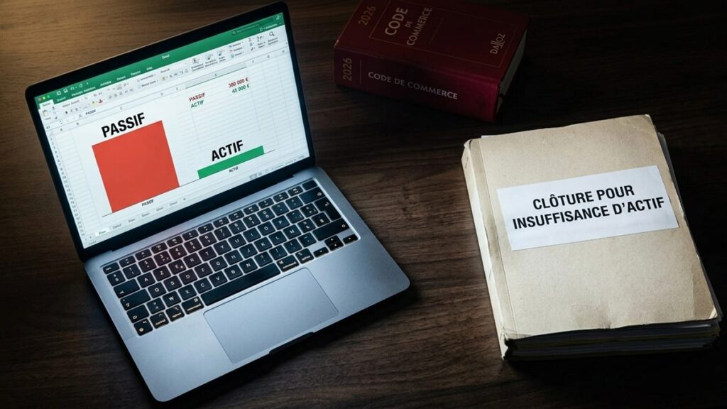 Dossier de clôture pour insuffisance d'actif et bilan de liquidation judiciaire passif-actif sur écran d'ordinateur, bureau d'avocat