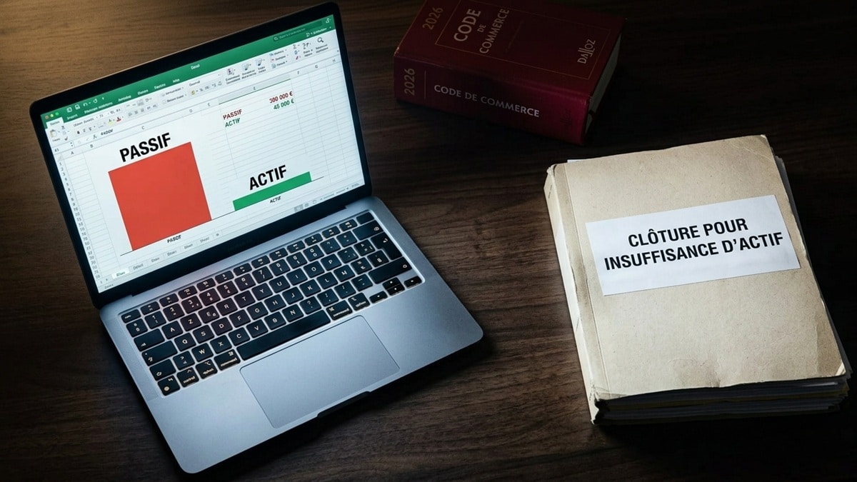 Dossier de clôture pour insuffisance d'actif et bilan de liquidation judiciaire passif-actif sur écran d'ordinateur, bureau d'avocat