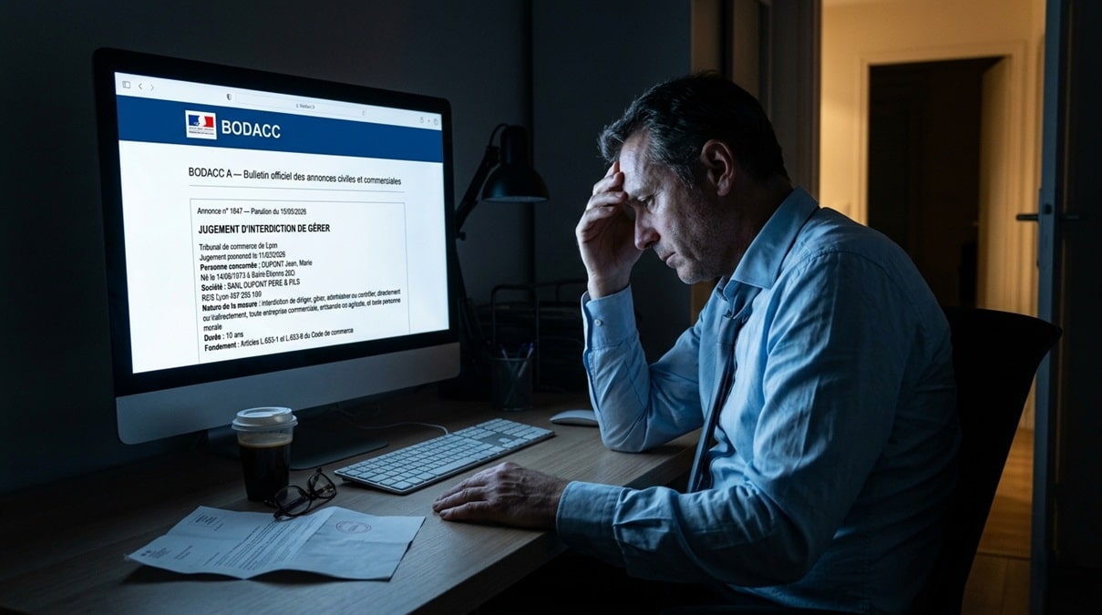 Dirigeant d'entreprise découvrant son jugement d'interdiction de gérer publié au BODACC