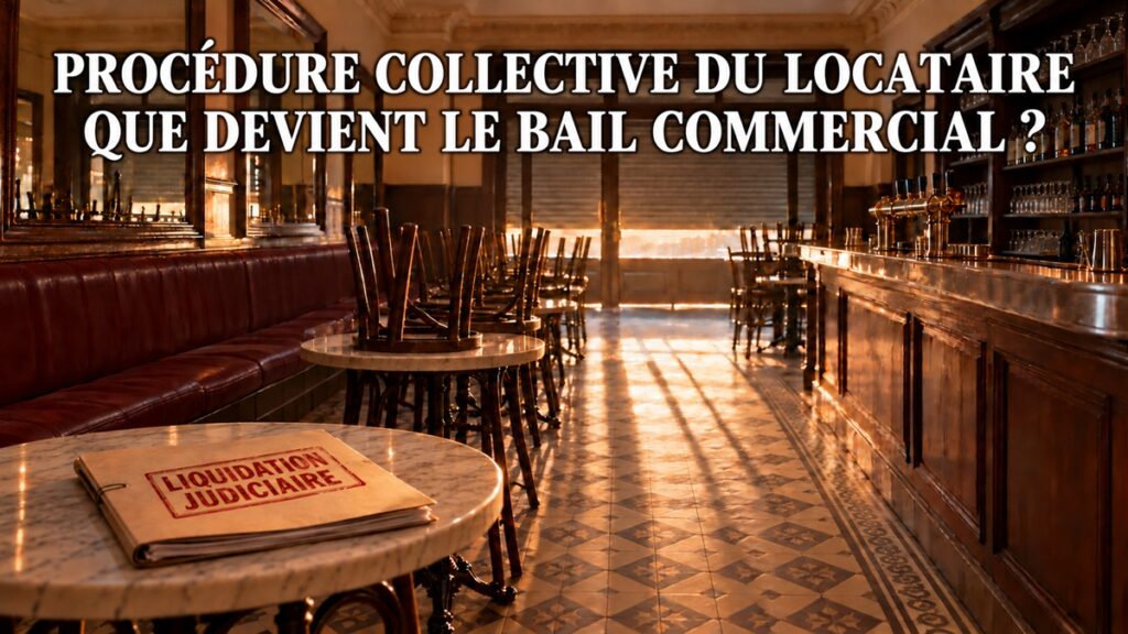 Bail commercial et liquidation judiciaire d'une brasserie : dossier de liquidation judiciaire sur une table, chaises retournées et rideau métallique baissé dans le local commercial du locataire en procédure collective