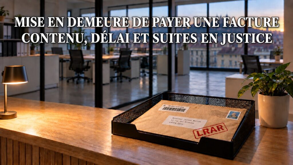 Mise en demeure de payer une facture : la lettre de mise en demeure part en lettre recommandée avec demande d'avis de réception depuis l'accueil de la société créancière, avant toute procédure judiciaire de recouvrement