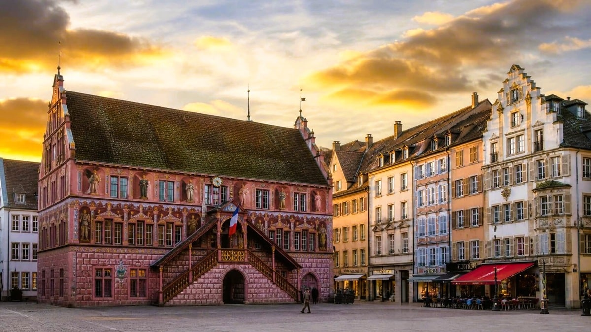 Ancien hôtel de ville de Mulhouse sous un ciel doré, avec sa façade rose ornée de personnages peints et son escalier extérieur à double volée, à côté des maisons aux façades colorées de la place de la Réunion, place centrale de la vieille ville, dans le département du Haut-Rhin, en région Grand Est. Ancien hôtel de ville de Mulhouse sous un ciel doré, avec sa façade rose ornée de personnages peints et son escalier extérieur à double volée, à côté des maisons aux façades colorées de la place de la Réunion, place centrale de la vieille ville, dans le département du Haut-Rhin, en région Grand Est.