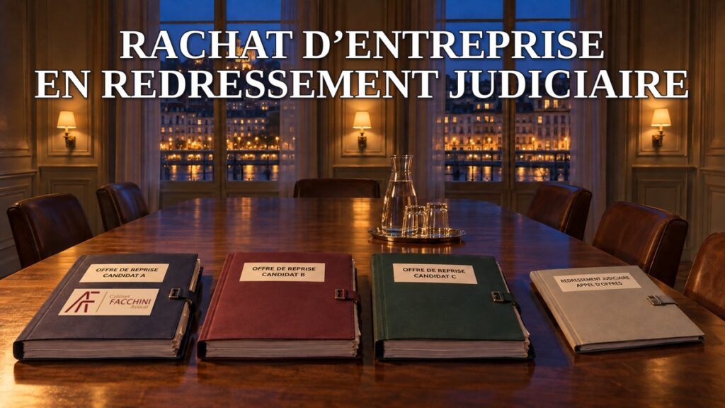 Rachat d'une entreprise en redressement judiciaire : trois offres de reprise concurrentes, dont celle du candidat A au logo du Cabinet FACCHINI Avocat, et le dossier d'appel d'offres sur la table d'une étude d'administrateur judiciaire à Lyon, le soir, face aux quais de Saône