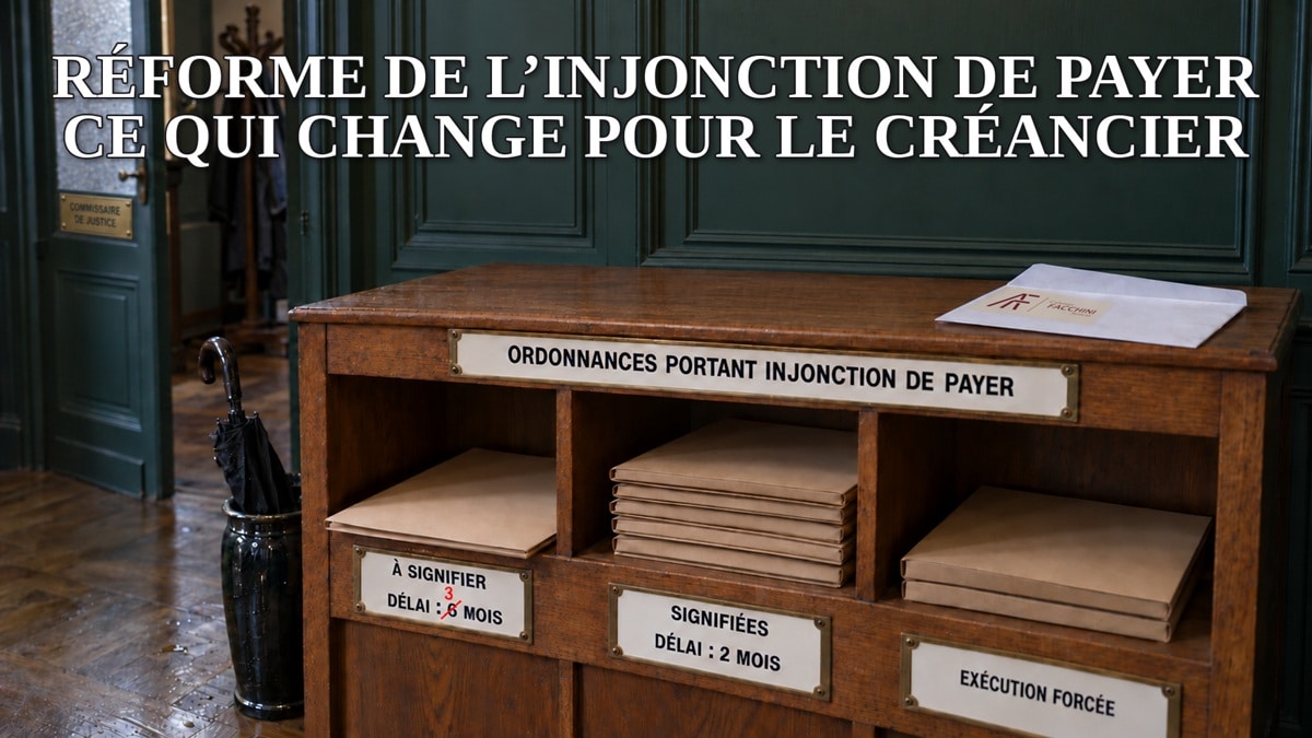 Réforme de l'injonction de payer : ordonnances portant injonction de payer classées dans le meuble de tri d'une étude de commissaire de justice, délai de signification de six mois barré et corrigé à trois mois, enveloppe de transmission du Cabinet FACCHINI Avocat